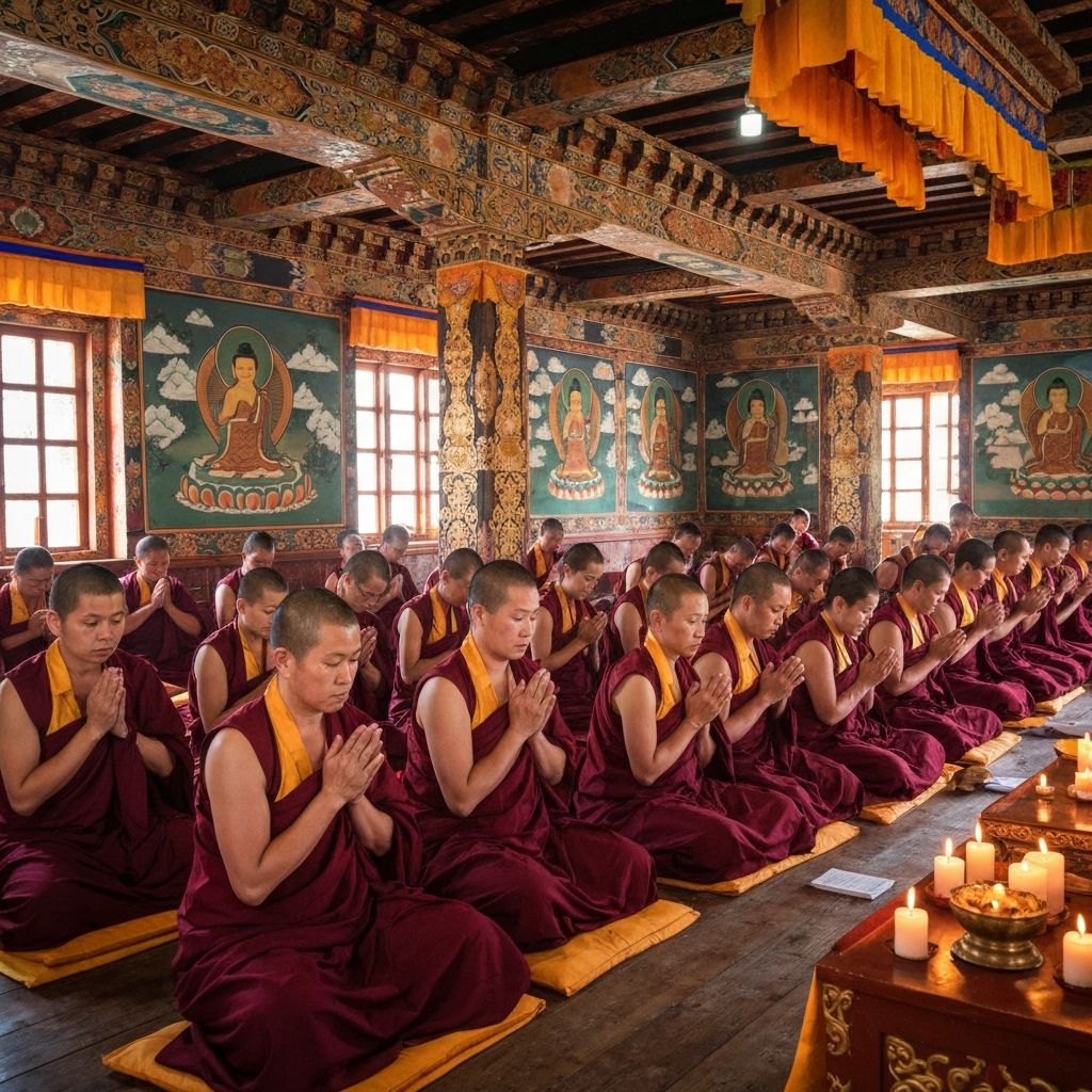 Buddhist nuns performing prayer ceremony at Sherub Choeling