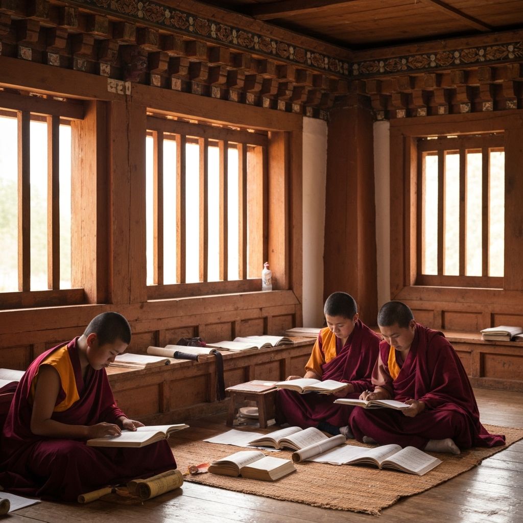 Buddhist nuns studying scriptures at Sherub Choeling